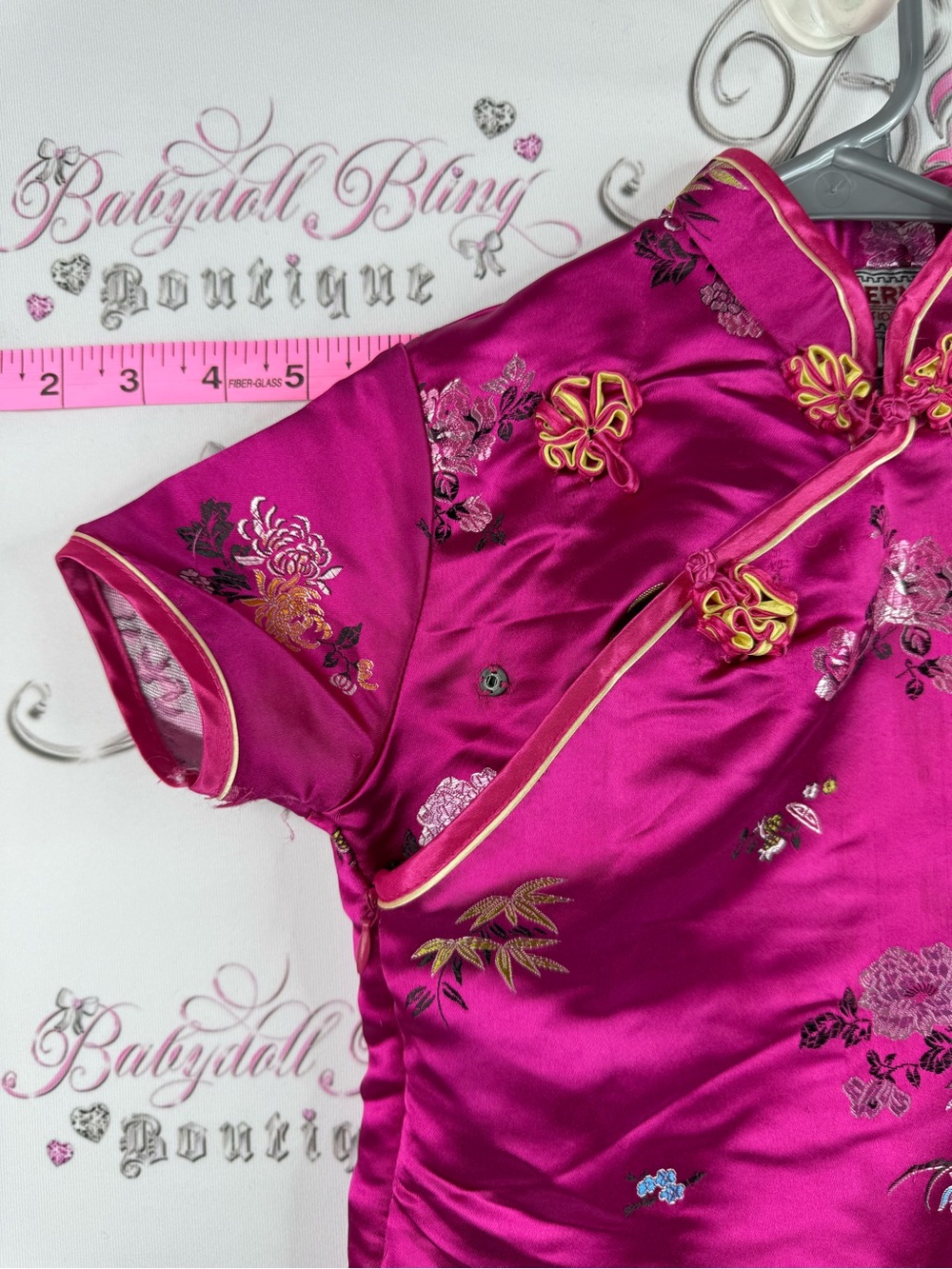 Eastern collection dress Girls' Hot Pink Satin Floral Cheongsam Mandarin Collar - Picture 6 of 10
